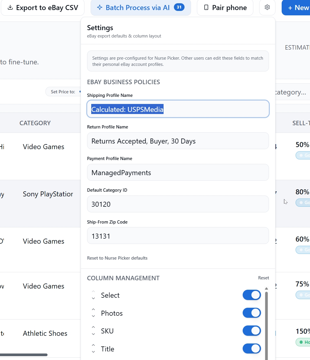 Settings slide-out panel showing eBay business policies and Default Category ID 30120