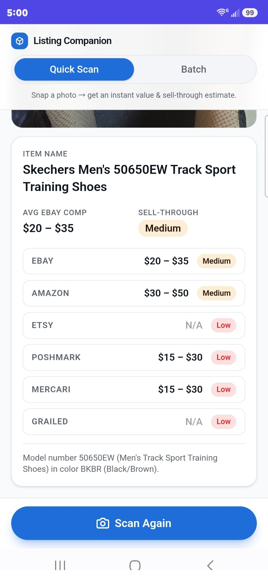 Quick Scan results showing cross-platform price comps, sell-through rate, and item details for a scanned Skechers shoe
